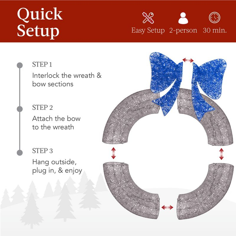 Best Choice Products 48in Pre-Lit Outdoor Christmas Wreath, LED Metal Holiday Decor w/ 140 Lights, Bow - Silver/Blue
