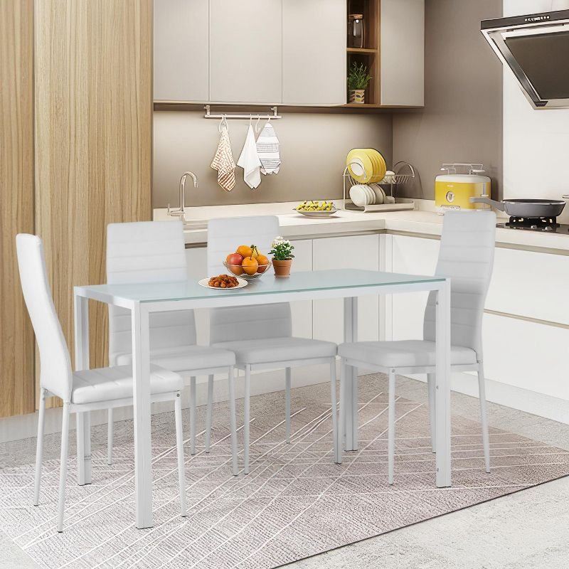 FDW Dining Table Set 5 Piece Dining Room Table Set with 4 Leather Chairs (White Glass)