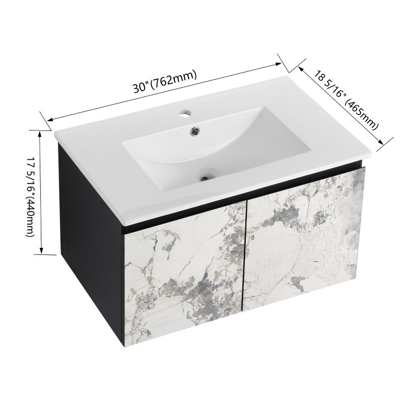 30'' Floating Wall-Mounted Marbling Black Bathroom Vanity Ceramics Sink,Floating Sink with Soft-Close Cabinet Door, KD-Package-Cuddlewood