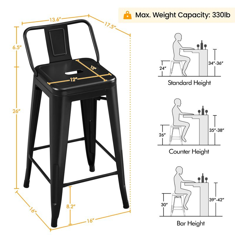 Yaheetech 26" Stackable Low Back Metal Counter Height Bar Stools with Footrest, Set of 4