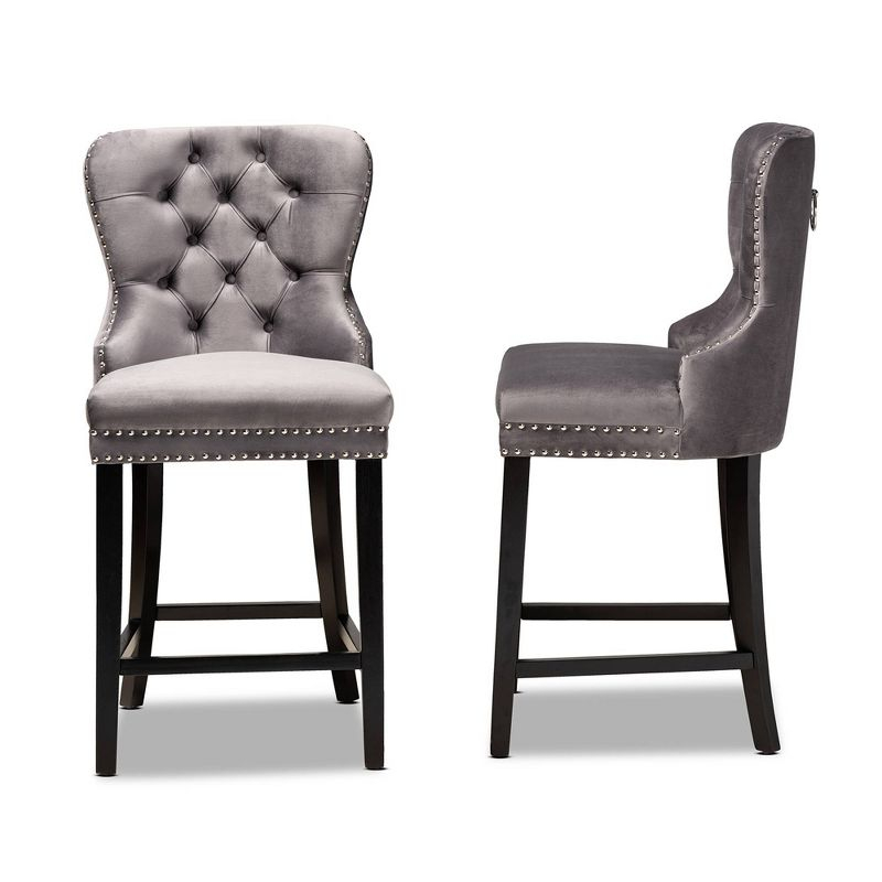 2pc Howell Modern Velvet Upholstered Wood Counter Height Barstool Set Gray/Brown - Baxton Studio: Polyester, Fixed Height