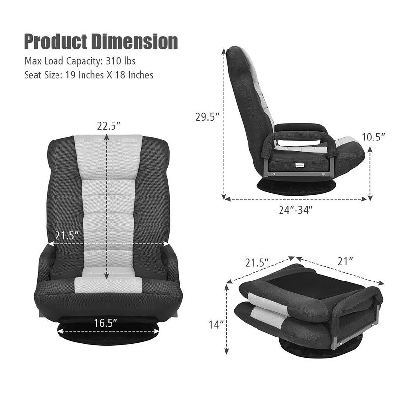 360-Degree Swivel Gaming Floor Chair with Foldable Adjustable Backrest Grey