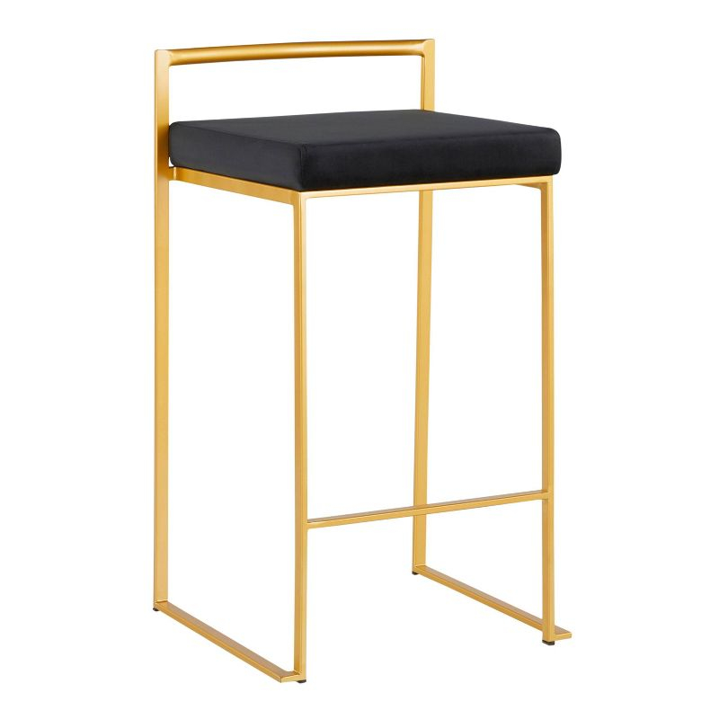 31" Set of 2 Fuji Contemporary Stackable Barstools Gold/Black Velvet - LumiSource: Metal Frame, Padded Seat