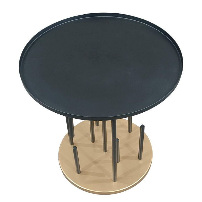 The Urban Port 20" Side End Table Round Matte Black Tray Top Modern Rod Supports with Brass Base Black/Brass