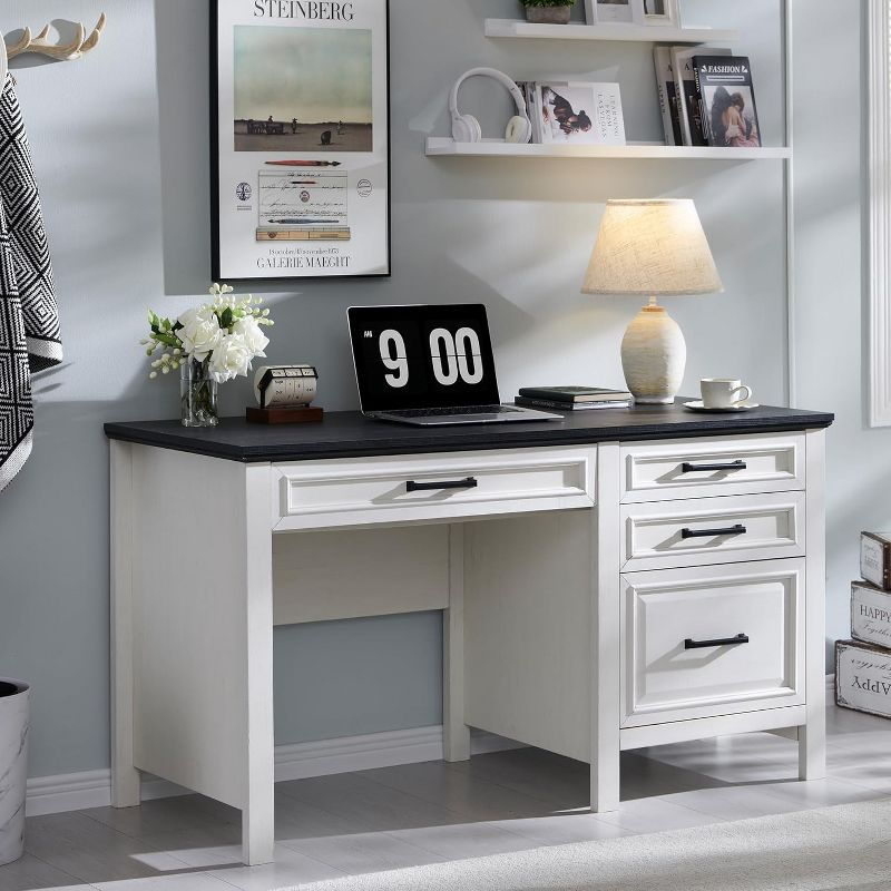 SinCiDo 53″ Farmhouse Home Office Desk, Writing Desks with File Cabinet & Drawer, White