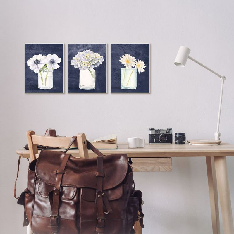 Stupell Industries Farmhouse Flower Bouquets Navy Blue White Painting Gallery Wrapped Canvas Wall Art 3pc Set, 24 x 30