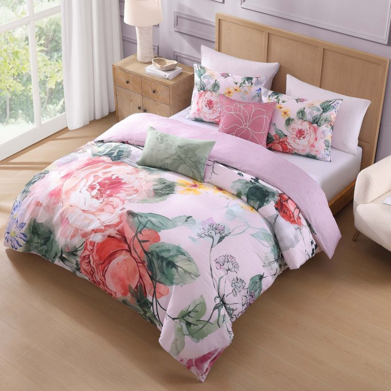 BeBeJan Bebejan Cool Pink Roses 200 Thread Count 100% Cotton Sateen 5-Piece Reversible Comforter Set