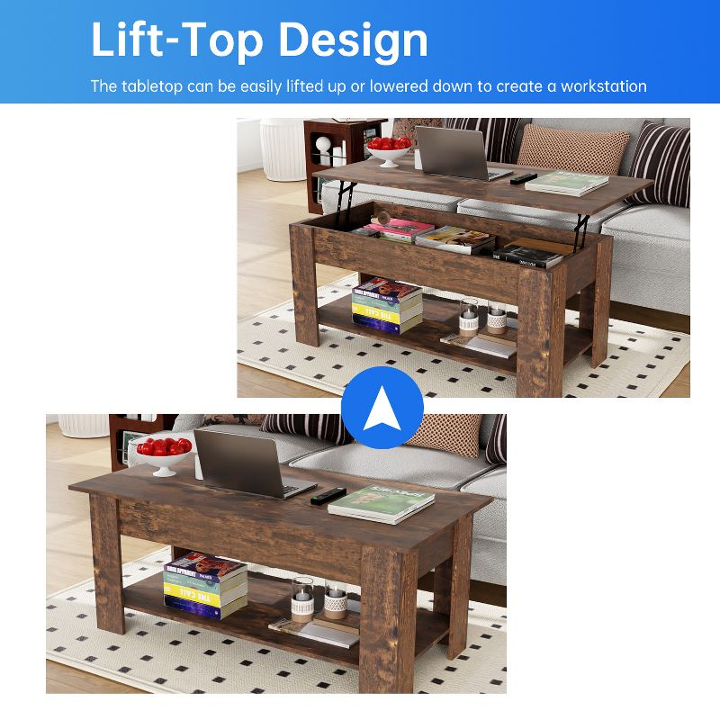 FDW Coffee Table Lift Top Coffee Tables with Hidden Compartment and Storage Shelf Wooden Lift Tabletop Dining Table for Living Room Home (Brown)
