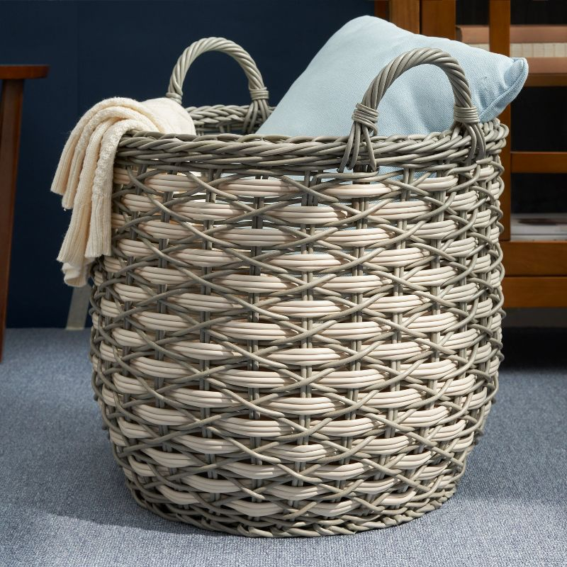 Solhome Zita Round Resin Woven Wicker Multi-Use Storage Basket with Handles 18" x 18" x 19.6" White Gray