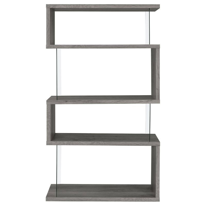 Coaster 63" Emelle 4 Shelf Zig Zag Bookcase with Glass Panels Gray Driftwood: Modern Style, Laminated Melamine Veneer, Metal Hardware