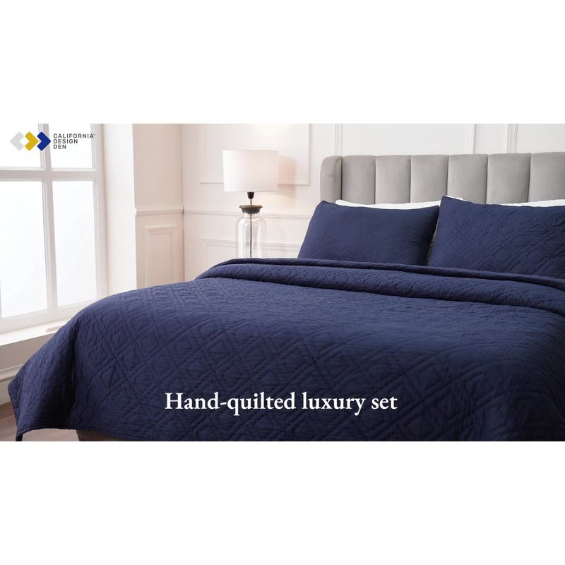 Luxury 100% Cotton Quilt Set, Hand-Quilted, Pre-Softened, Diamond Pattern by California Design Den - White, King