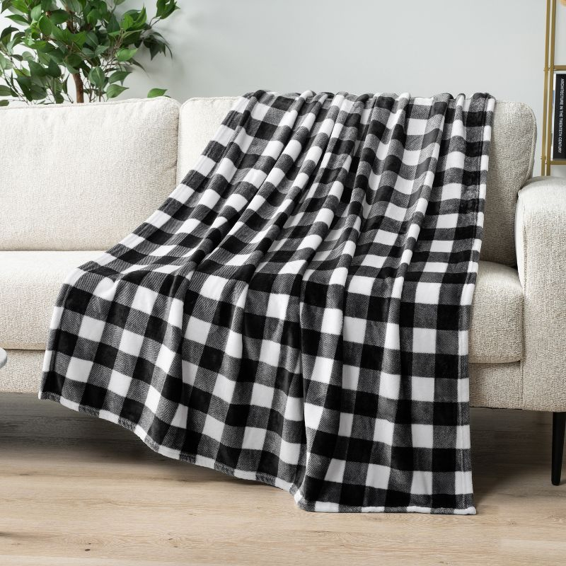 PAVILIA Premium Fleece Throw Blanket for Sofa Couch, Soft Flannel Plaid Stripe Decorative Print Blanket, Plaid White/Black/Throw - 50x60