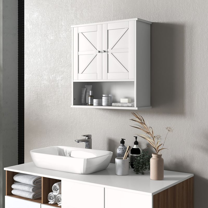 kleankin Bathroom Wall Cabinet, Farmhouse Medicine Cabinet with Open Shelf & Adjustable Shelf, Storage Cupboard for Laundry Room, White