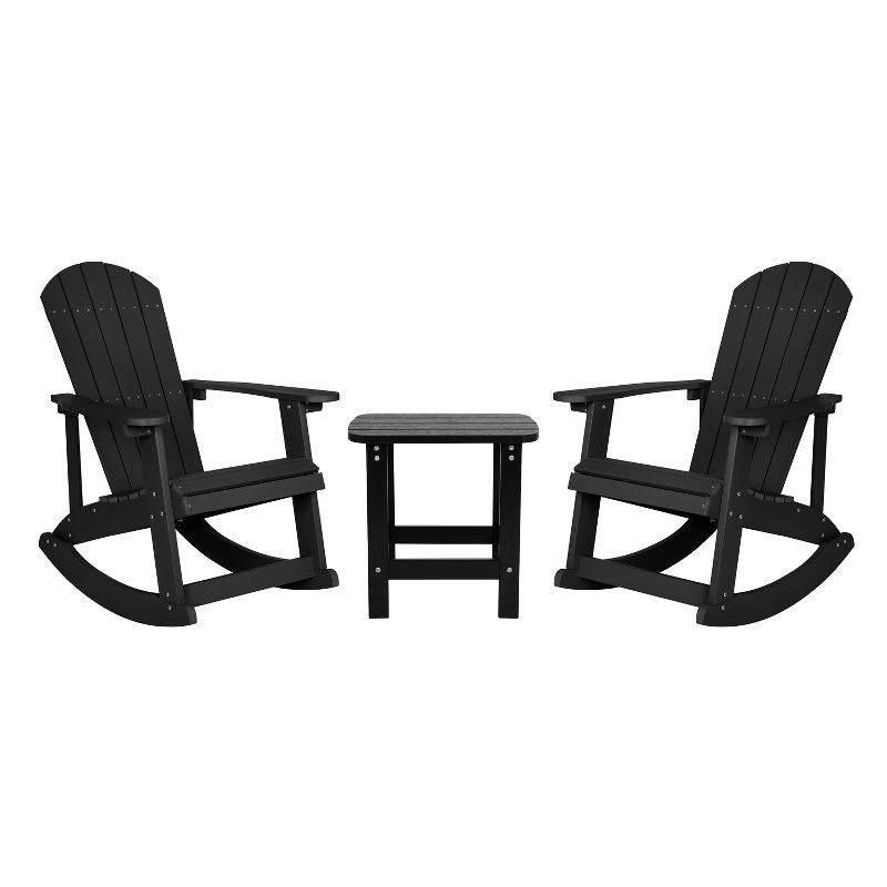 Flash Furniture Set of 2 Savannah Commercial Grade All-Weather Poly Resin Wood Adirondack Rocking Chairs with Side Table in Black