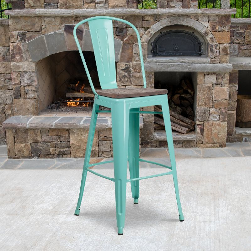 Flash Furniture 30" High Mint Green Metal Barstool with Back and Wood Seat