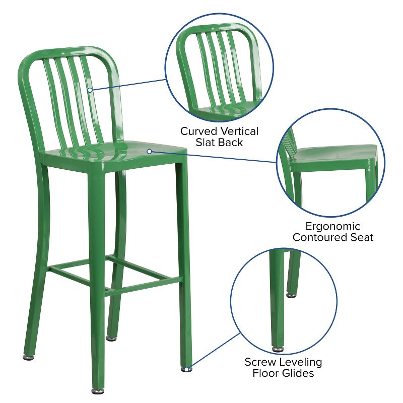 Flash Furniture Commercial Grade 30" High Green Metal Indoor-Outdoor Barstool with Vertical Slat Back