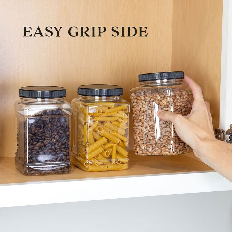 Cornucopia Brands 48oz Square Plastic Jars 3pk; Clear Rectangular 6-Cup Canisters w/ Black Lids, Easy-Grip Side