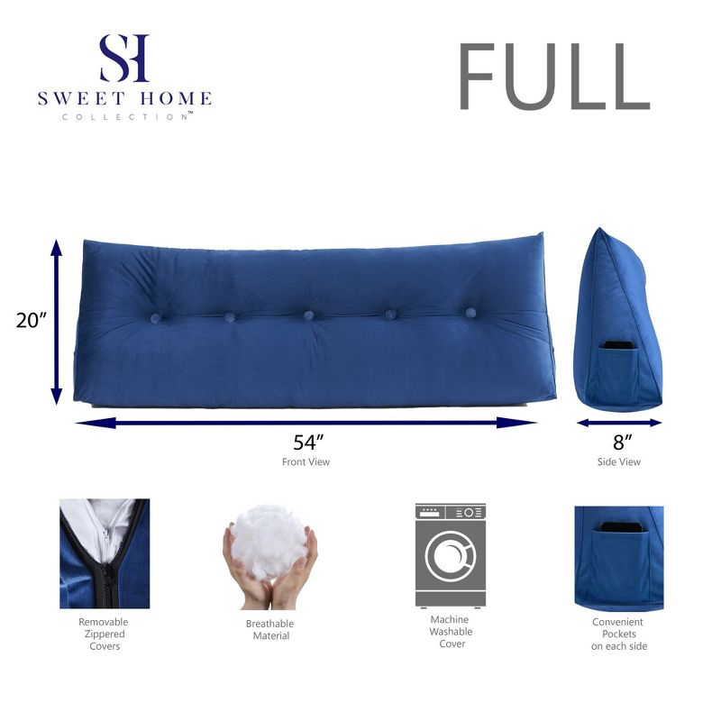 Bed Wedge and Gap Filler Pillow for Headboard with Side Pockets by Sweet Home Collection® - FULL, BLUE