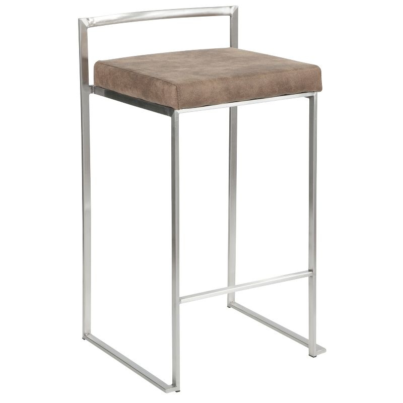 LumiSource Set of 2 26" Fuji Contemporary Stackable Counter Height Barstool Stainless Steel with Brown Cowboy Fabric Cushion: Upholstered