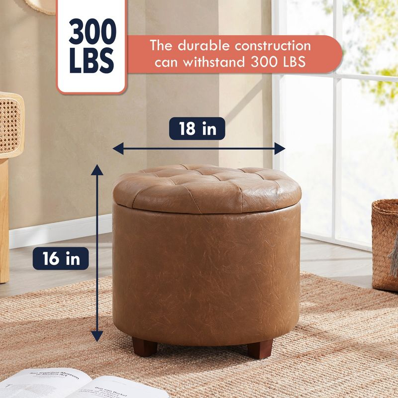 Ornavo Home Faux Leather Upholstered Round Tufted Storage Ottoman with Wooden Legs - Mocha
