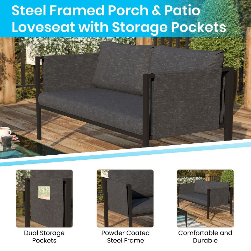 Flash Furniture Lea Indoor/Outdoor Loveseat with Cushions - Modern Steel Framed Chair with Storage Pockets, Black with Charcoal Cushions