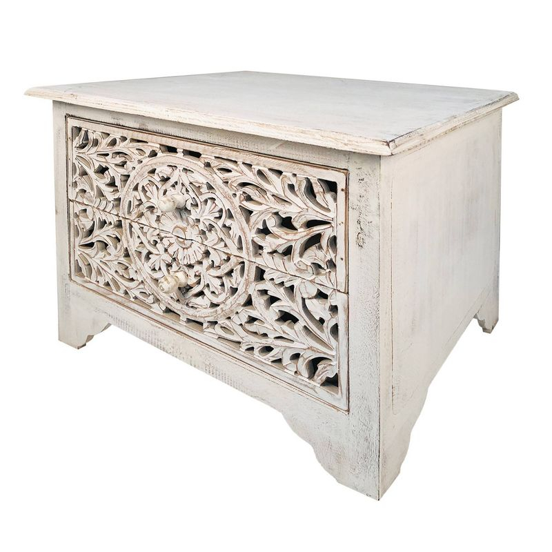 The Urban Port 24" Handcrafted Mango Wood Nightstand Side Table 2 Drawers Floral Carved Cut Out Design Antique White