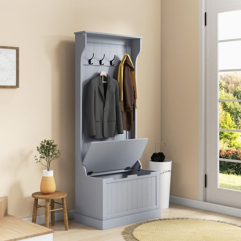 HOMCOM 3-In-1 Entryway Hall Tree with Storage Bench, Coat Rack with Four Hooks, and Shoe Storage, Gray