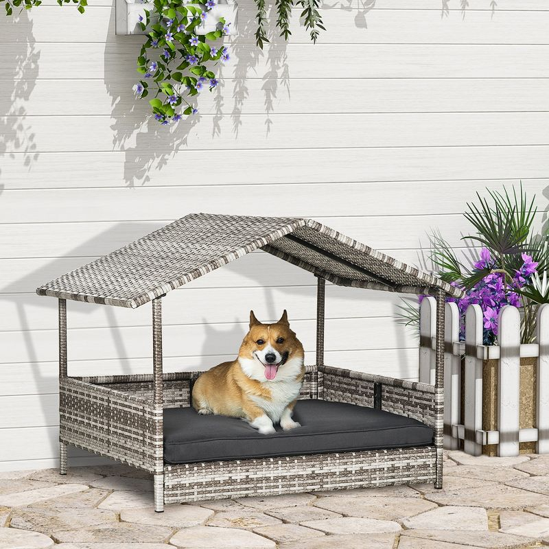 PawHut Wicker Dog House Elevated Raised Rattan Bed for Indoor/Outdoor with Removable Cushion Lounge, Charcoal Gray