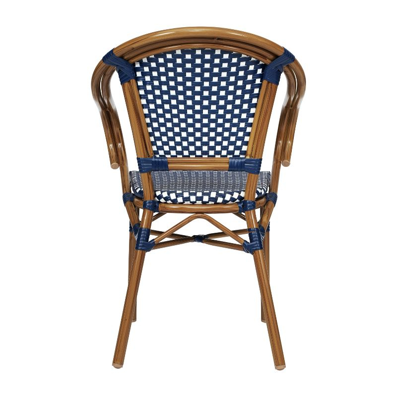 Emma & Oliver Soie Set of 2 Indoor/Outdoor Stacking Thonet Bistro Style Chairs w/ Arms, Navy & White PE Rattan Seat & Nat Bamboo Finished Metal Frame