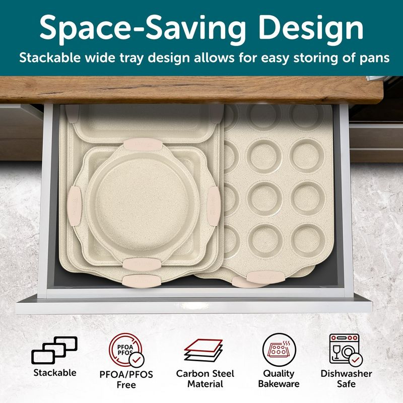 BAKKEN Deluxe 8-Piece Carbon Steel Bakeware Set - Nonstick White Marble Coating,
Silicone Handles - Professional Quality Kitchen Oven Baking Pans