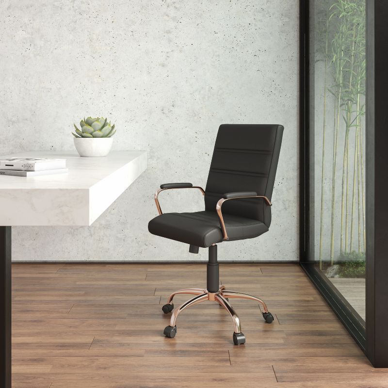 Emma and Oliver Mid-Back Black LeatherSoft Executive Swivel Office Chair - Rose Gold Frame/Arms