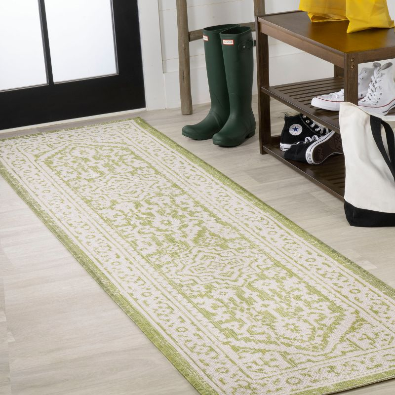 2' x 8' Sinjuri Medallion Textured Weave Indoor/Outdoor Runner Rug, Green/Cream - JONATHAN Y