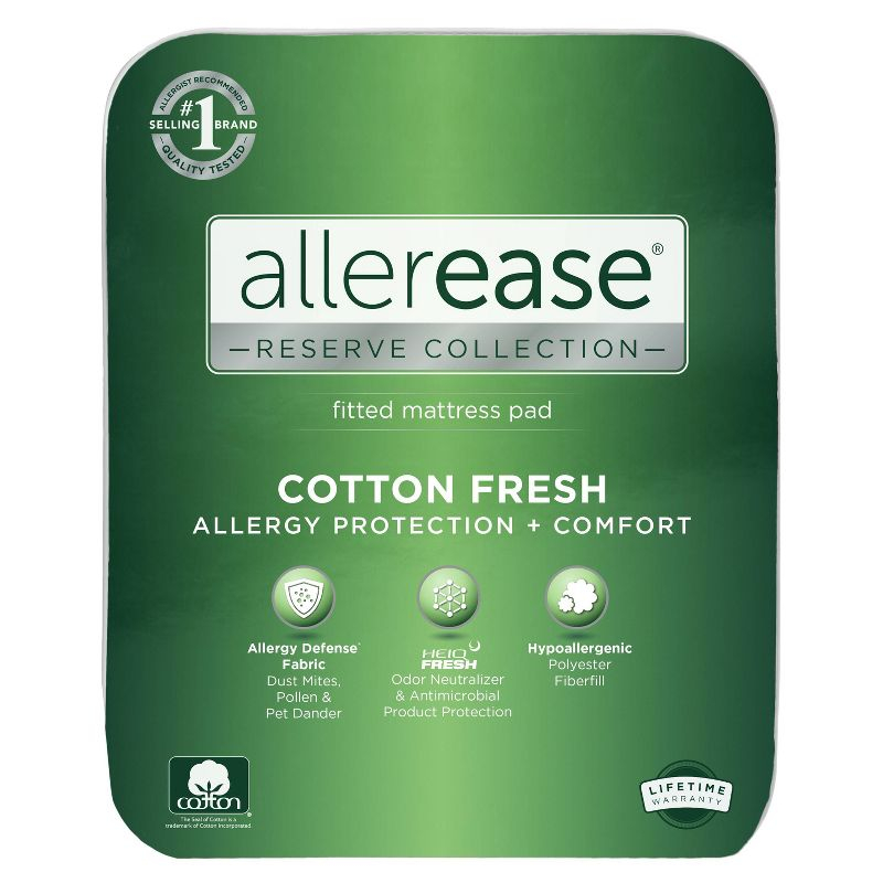 Allerease King Reserve Cotton Fresh Allergy Defense Machine Washable Fitted Mattress Pad: Hypoallergenic Protector, 300 Thread Count