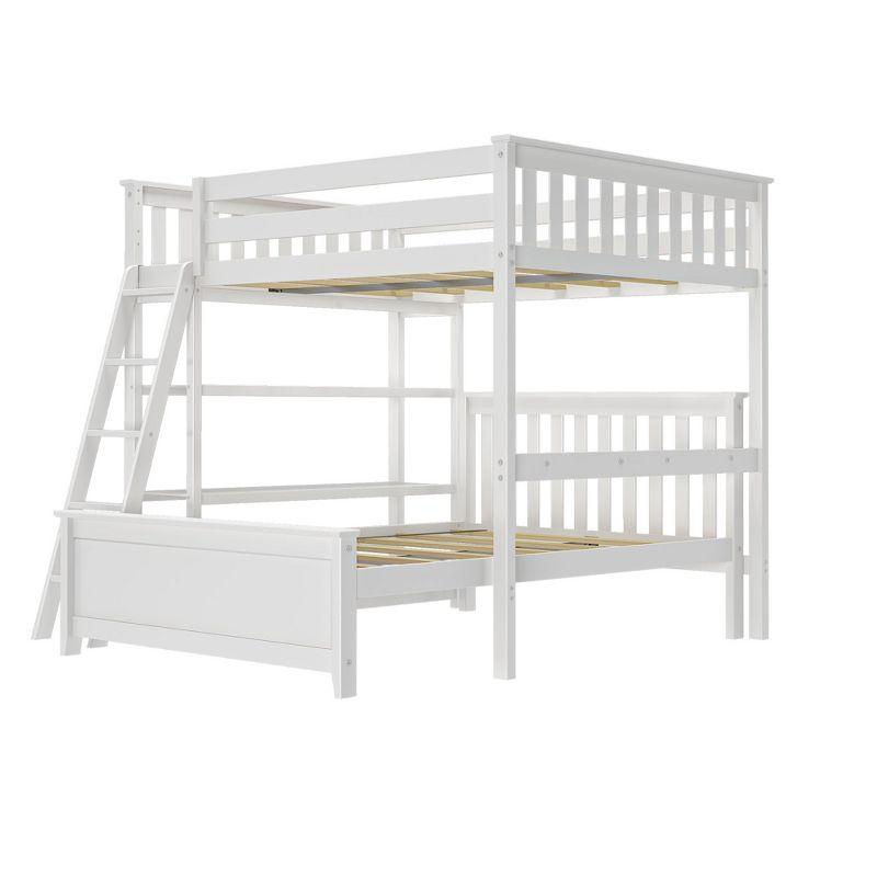 Plank+Beam Solid Wood Bunk Bed, L Shaped Full-Over-Full Bed Frame with Bookcase, White