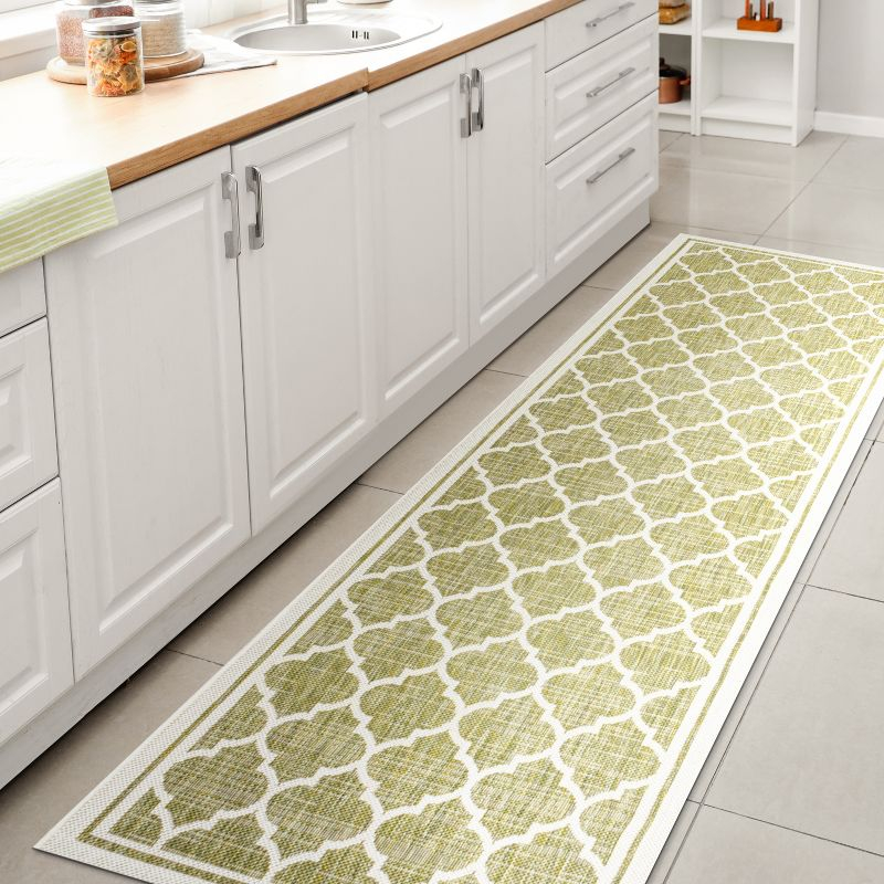 2' x 8' Trebol Moroccan Trellis Textured Weave Indoor/Outdoor Runner Rug, Green/Cream - JONATHAN Y