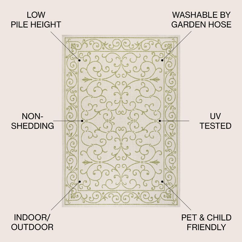 5' x 5' Charleston Vintage Filigree Textured Weave Indoor/Outdoor Area Rug, Cream/Green - JONATHAN Y