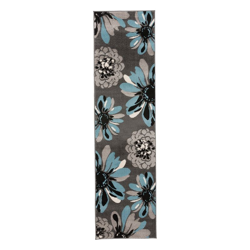 World Rug Gallery Contemporary Modern Flowers Area Rug - Blue 2'x10':  Stain-Resistant Runner,  Low Pile,  Floral Pattern
