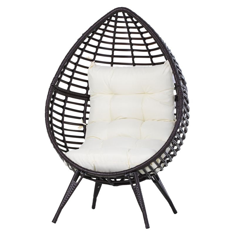 Outsunny Wicker Egg Chair, Oversized Indoor Outdoor Boho Lounge, Hand-Woven Water-Safe PE Rattan Furniture with Cushion, Beige