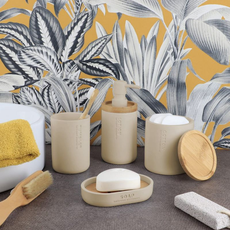 Evideco French Home Goods Chic Beige Bathroom Essentials Set with Natural Bamboo - 5 pieces