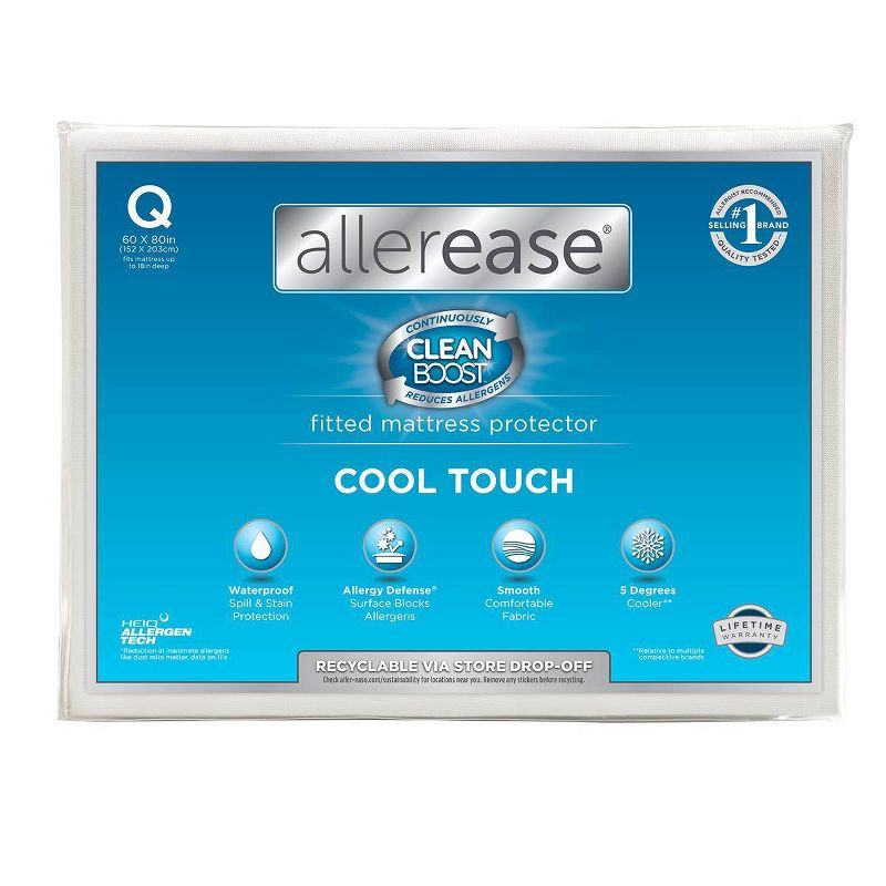 Allerease Queen Perfect Protection Cool Touch Waterproof Machine Washable Fitted Mattress Protector: Nylon & Polyethylene, Fits 18" Depth