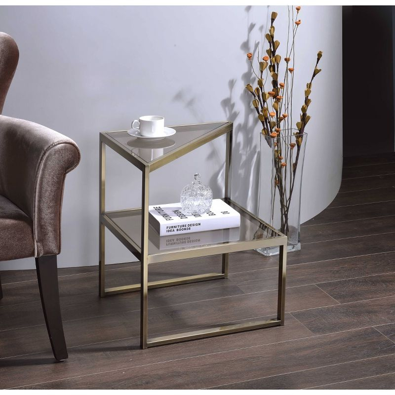 18" Treva Accent Table Smoky Glass/Antique Gold Finish - Acme Furniture: Triangle Shape, Open Shelf, No Tools Assembly