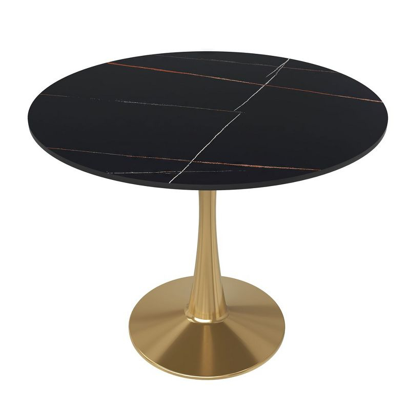 LeisureMod Bristol 35" Round Dining Table – Sintered Stone Top Accent Café Table & Sturdy Steel Gold Pedestal Base for Kitchen and Small Spaces