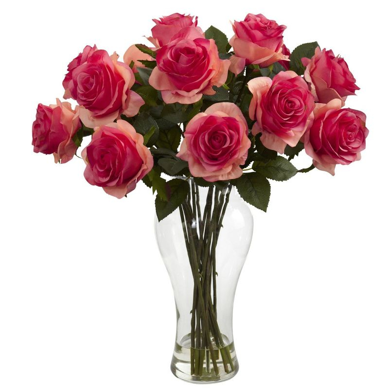 Nearly Natural Blooming Roses with Vase, Red