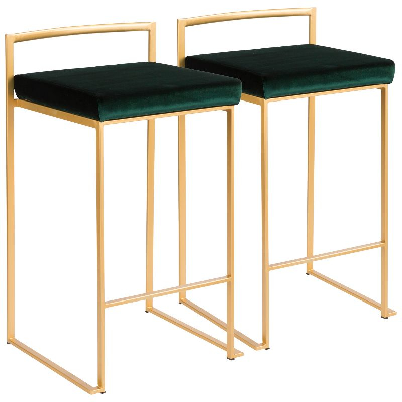 LumiSource Set of 2 27" Fuji Contemporary Counter Height Barstool Green: Velvet Upholstery, Metal Legs, Low Back