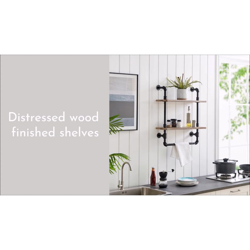 Danya B. 2-Tier Olivia Pipe Wall Shelf Unit with Hanging Rod Black/Rustic: Laminated Iron Storage, Includes Mounting Hardware