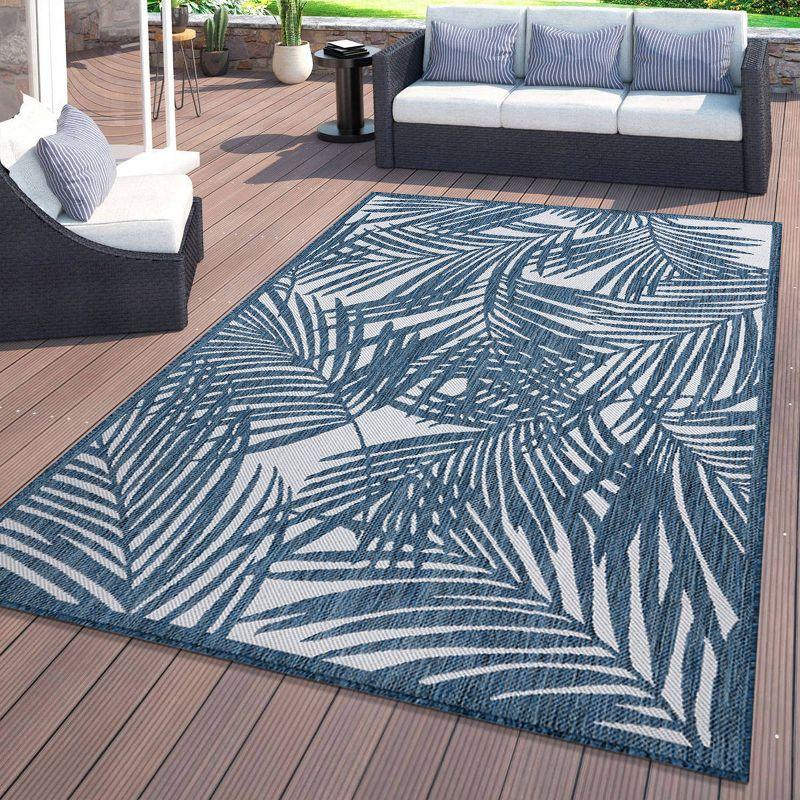 World Rug Gallery Contemporary Palm Leaf Textured Flat Weave Indoor/Outdoor Area Rug - NAVY 5' X 7'