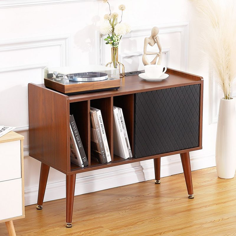 Record Player Stand with Charging Station, Vinyl Record Storage Cabinet with Sliding Door