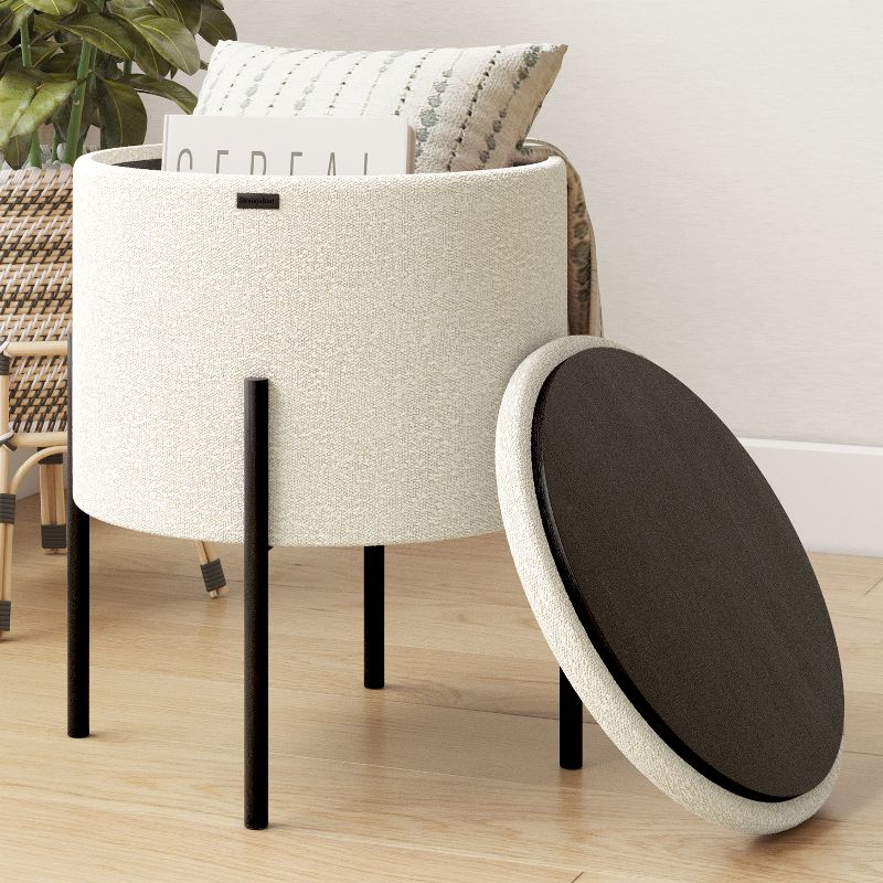 StorageBud Round Ottoman with Storage, Modern Boucle Storage Ottoman, Small Foot Stool Ottoman for Living Room and Bedroom, White