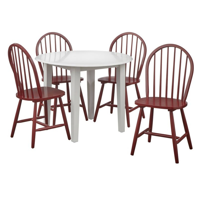 5pc Chadwick Drop Leaf Dining Set with 4 Windsor Chairs White/Red - Buylateral: Solid Rubberwood, Oval Shape