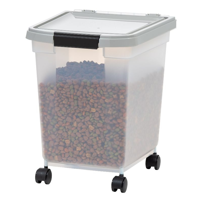 IRIS USA 25 Lbs / 32.5 Qt WeatherPro Airtight Pet Food Storage Container with Removable Casters, Clear/Gray
